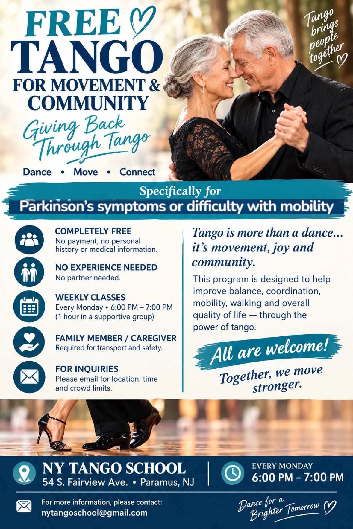 Free Tango for Movement and Community β Paramus NJ, every Monday 6pm to 7pm