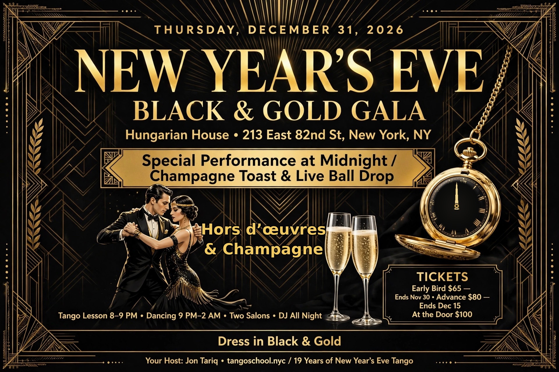 New Year's Eve Black & Gold Gala flyer — Thursday, December 31, 2026, Hungarian House, New York